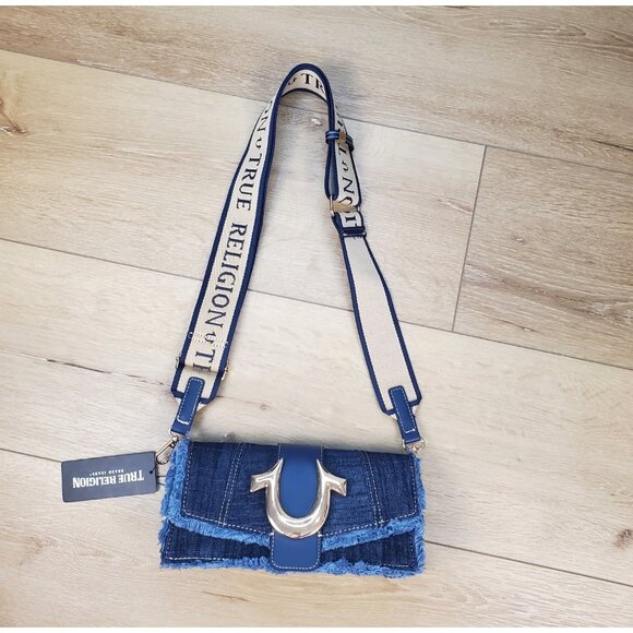 True Religion Frayed Denim Flap Crossbody Bag Purse Horseshoe Western Cowgirl - Picture 1 of 13